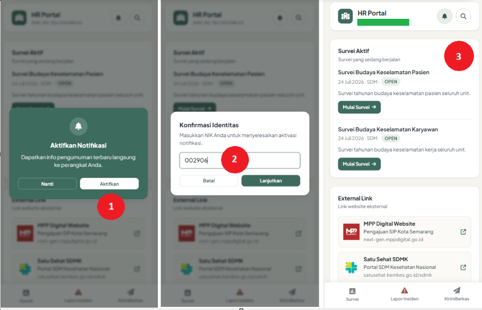 Alur aktivasi push notification di HR Portal, dari permintaan izin notifikasi, verifikasi NIK, sampai notifikasi aktif