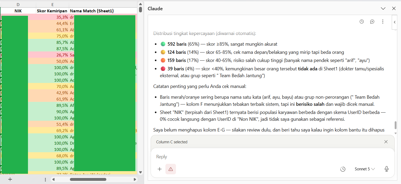 Tangkapan layar Claude di Google Sheets menampilkan skor kemiripan dan pewarnaan otomatis saat mencocokkan data karyawan