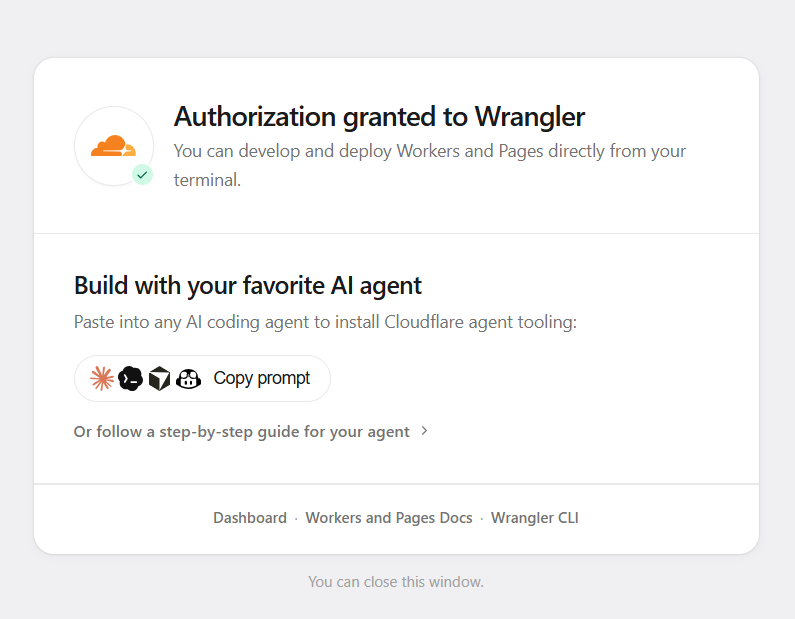 Tampilan halaman otorisasi Wrangler setelah terhubung dengan AI coding agent