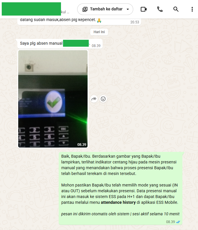 Chatbot HR WhatsApp membaca foto mesin presensi manual menggunakan AI vision