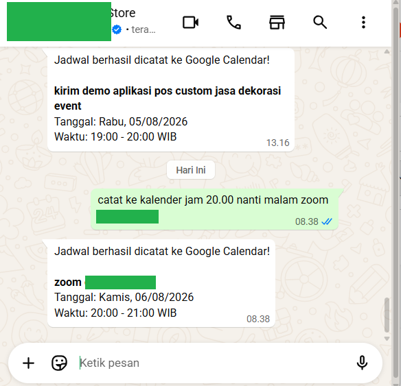 Screenshot percakapan WhatsApp chatbot yang mencatat jadwal ke Google Calendar