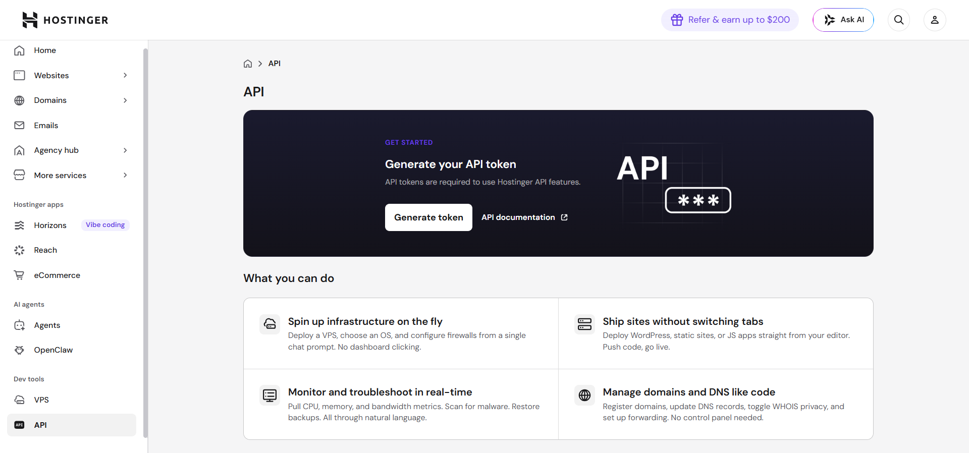 Dashboard fitur API Hostinger dengan tombol generate token