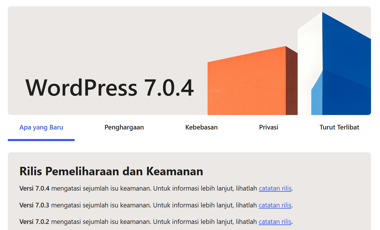 Halaman rilis pemeliharaan dan keamanan WordPress 7.0.4