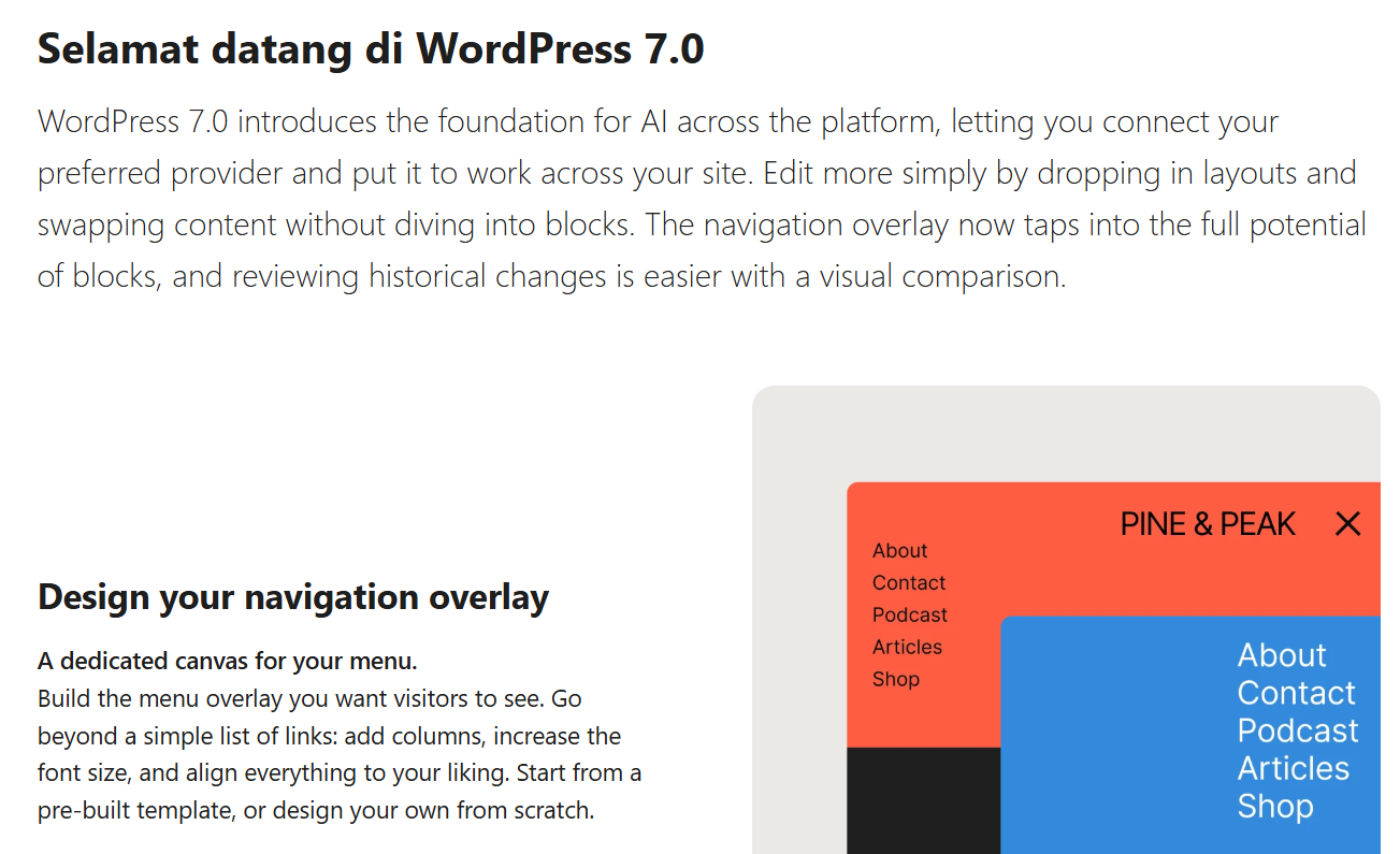 Halaman selamat datang WordPress 7.0 dengan ringkasan fitur baru