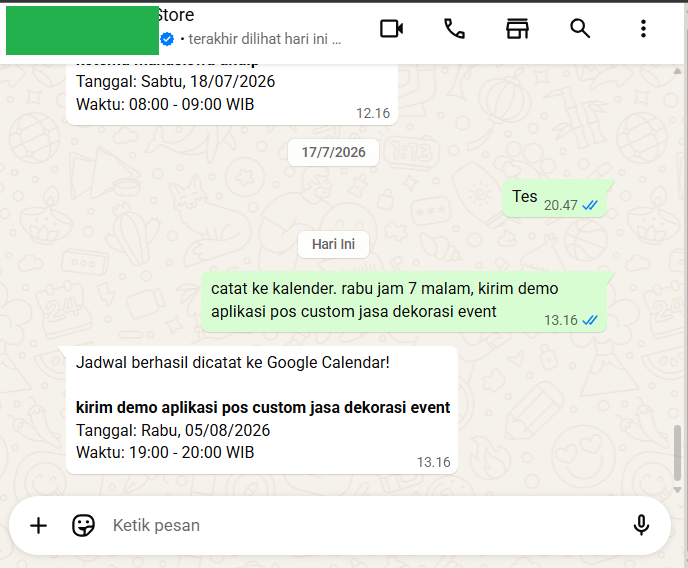 Fitur catat jadwal Google Calendar via WhatsApp Chatbot