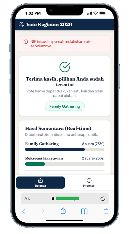 Tampilan sistem voting karyawan di layar HP setelah karyawan submit vote