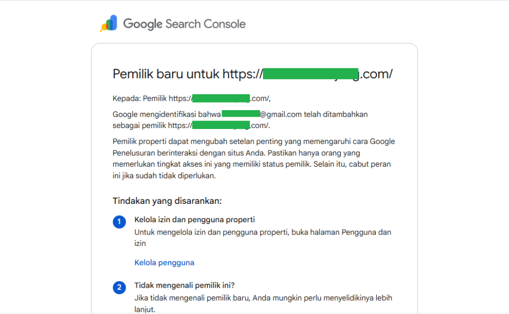 Notifikasi pemilik baru di Google Search Console