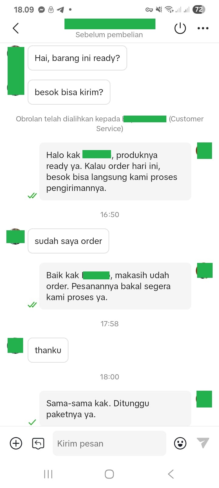 Chatbot CS otomatis membalas chat buyer TikTokShop secara natural