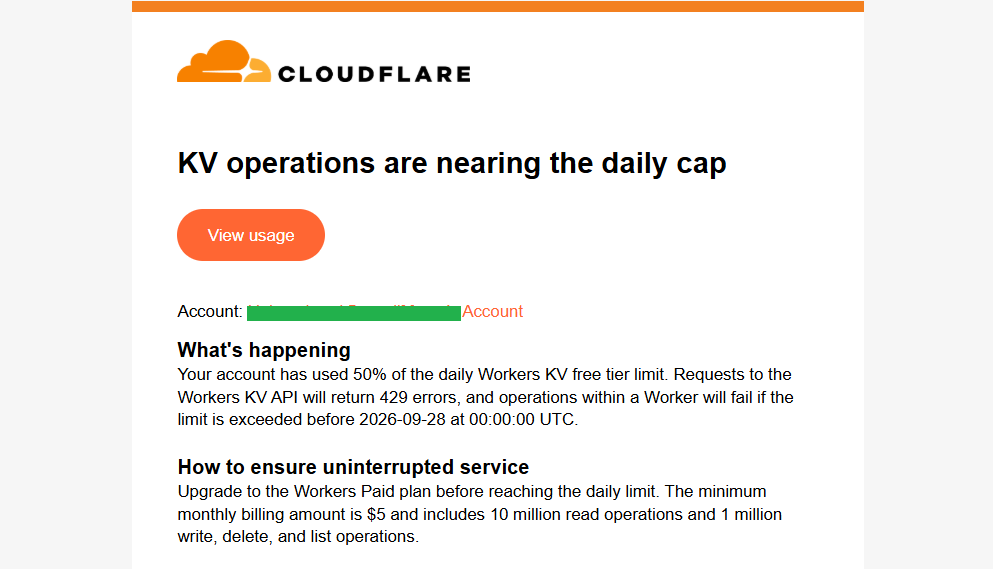 Email peringatan Cloudflare soal kuota harian Workers KV yang sudah terpakai 50 persen